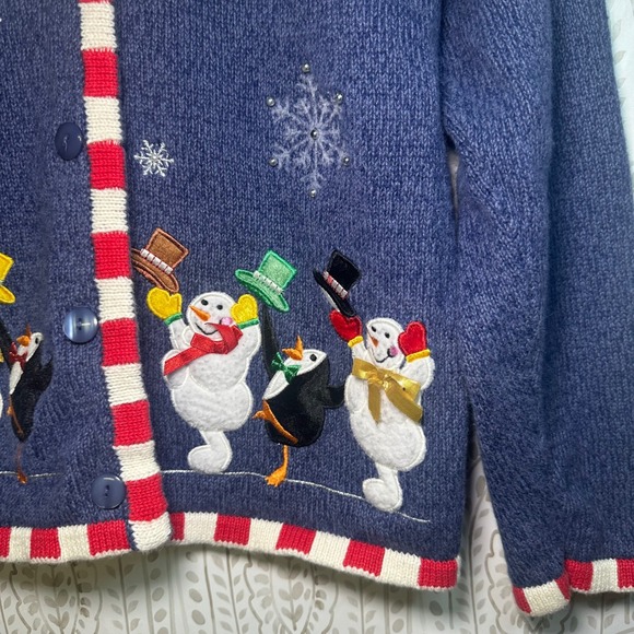 Crystal Kobe Blue Snowman Penguin Ugly Christmas Sweater Cardigan Women's M - Picture 4 of 8